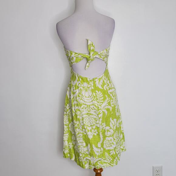 Suzette Linen Strapless Dress Green Floral Tie Back Pineapple Preppy Women 4 - Picture 3 of 12